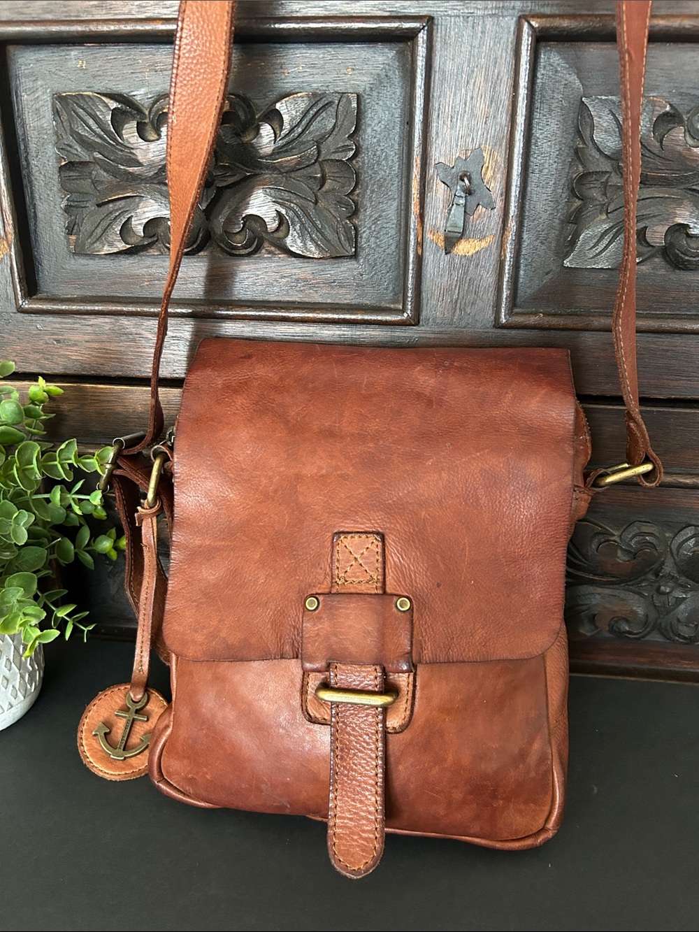 Timeless Brown Leather Messenger Bag with Front Buckle